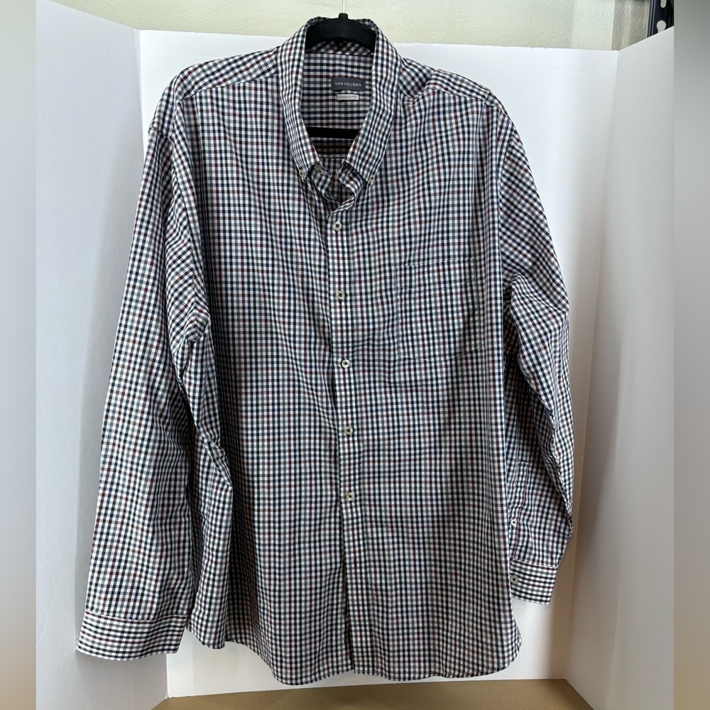 Van Heusen White Navy & Marron Plaid Dress Shirt, Men Size XXL, Classic Fit